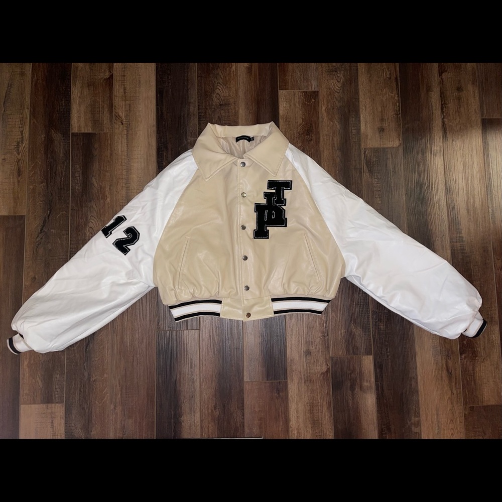 Beige Faux Leather Raglan Sleeve Cropped Varsity Bomber Jacket